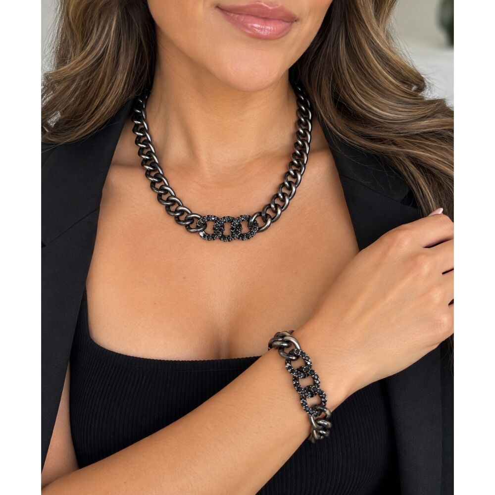 Glam Gunmetal Crystal Pave Link Statement Necklace & Bracelet